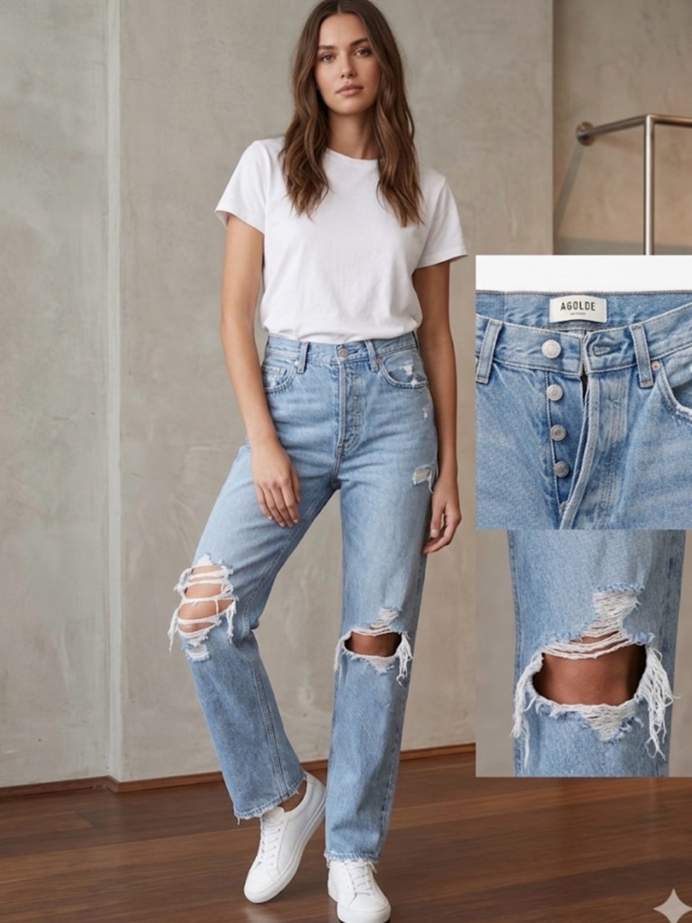 Agolde Distressed Light Blue High-Rise Straight Leg Jeans buttonfly